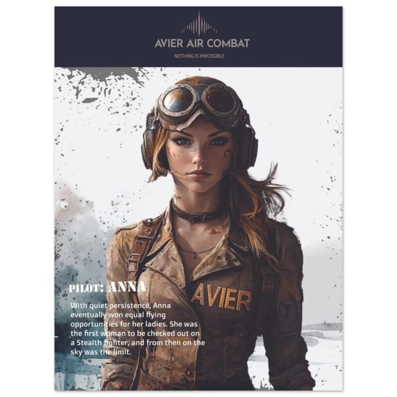 a9b62b79-2871-461b-8ab9-f4c38566f0cb.jpg Pilot Anna in military flight gear with goggles, representing Avier Air Combat, showcasing dedicatio.