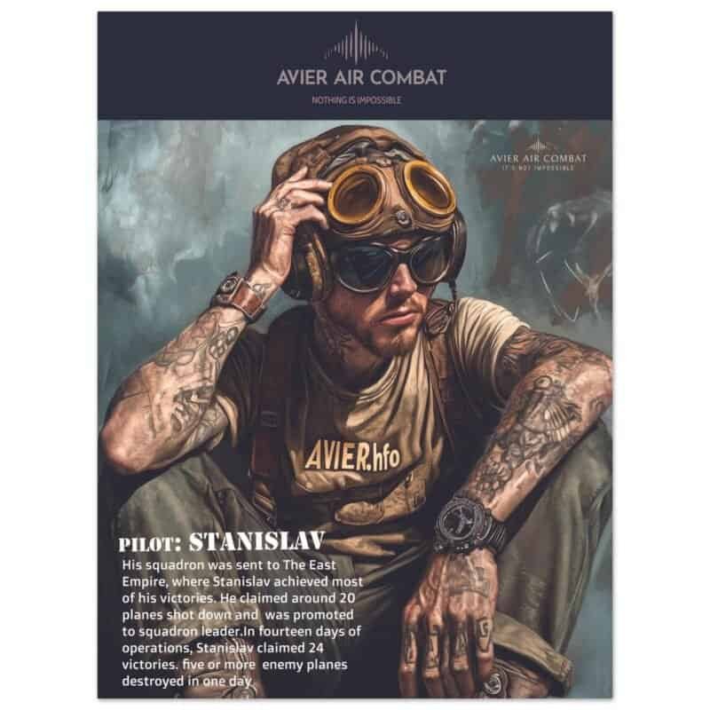 High-altitude pilot wearing vintage goggles and tactical gear for Avier Aviation combat training.