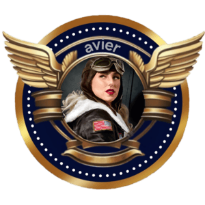 Avier Aviation pilot logo with wings and a female pilot in vintage flight gear.